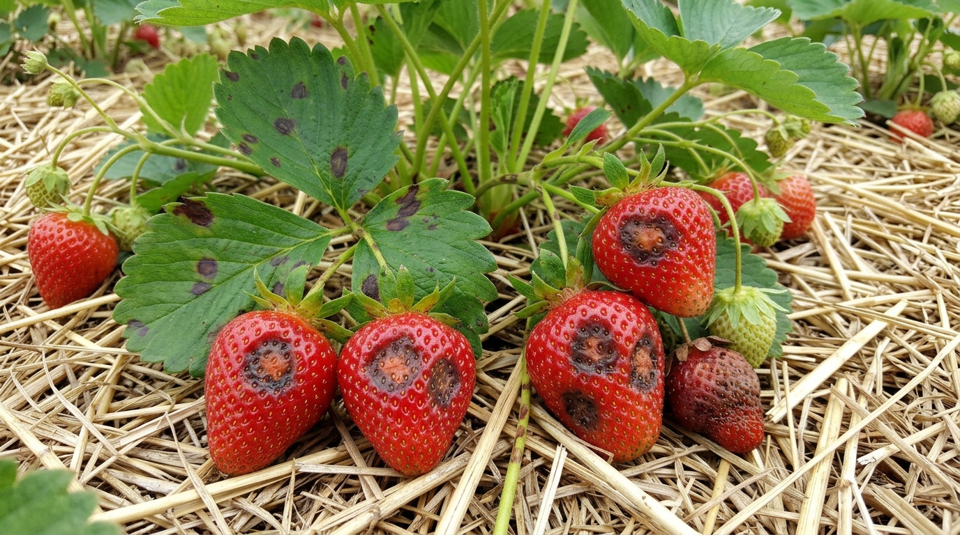 Antraknóza jahod – tmavé propadlé skvrny na plodu